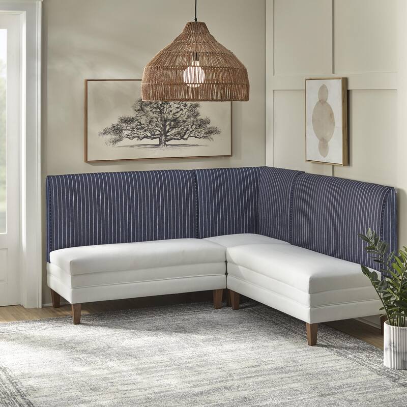 Lifestorey Phillips 3-Piece Upholstered Banquette Set - Set of 3 - Off-White/Dark Blue Stripe