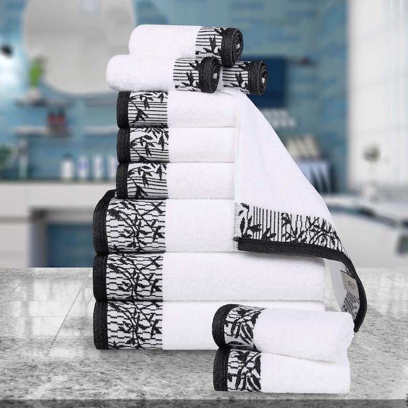 Superior Wisteria Cotton Floral Jacquard 12 Piece Bathroom Towel Set - White/Black