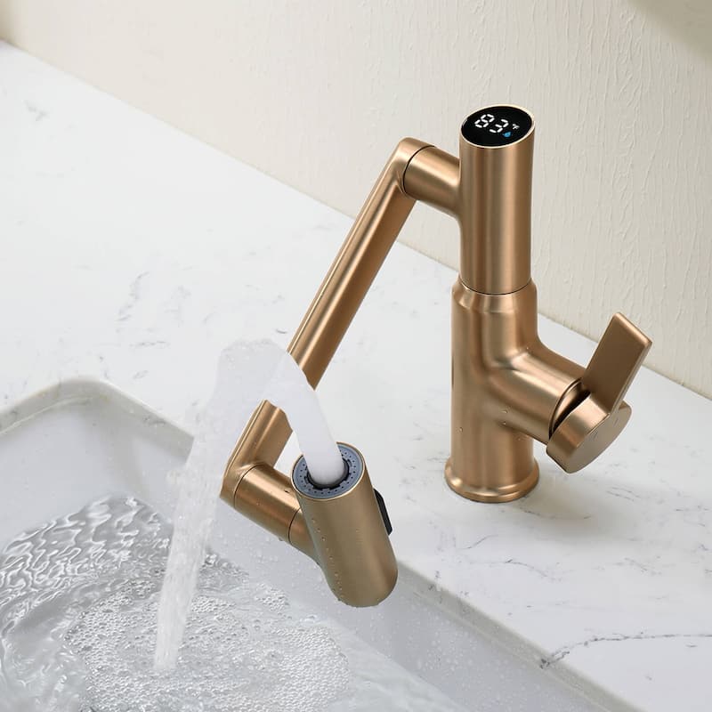 Lefton Rotatable Bathroom Faucet with Temperature Display in Fahrenheit (Batteries-Free), BF2204 - Brushed Brass
