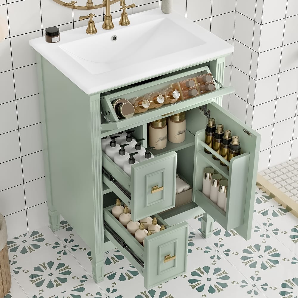 24 Inch Bathroom Vanity with Sink, Flip Drawer and Two Soft-Close Drawers