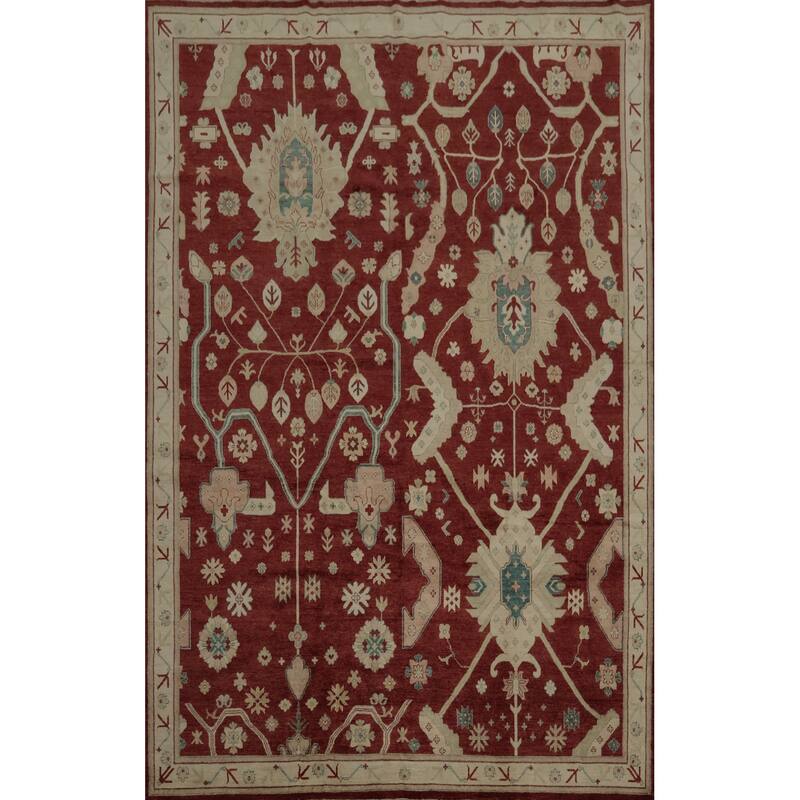 Hand Knotted Oriental 100% Wool Carpet Transitional Floral Red Oushak Area Rug - 12' 0'' X 9' 0''