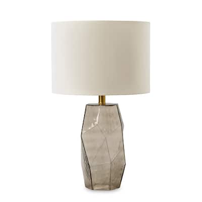 24 Inch Table Lamp, Hexagonal Textured Glass Base, Drum Shade, Gray