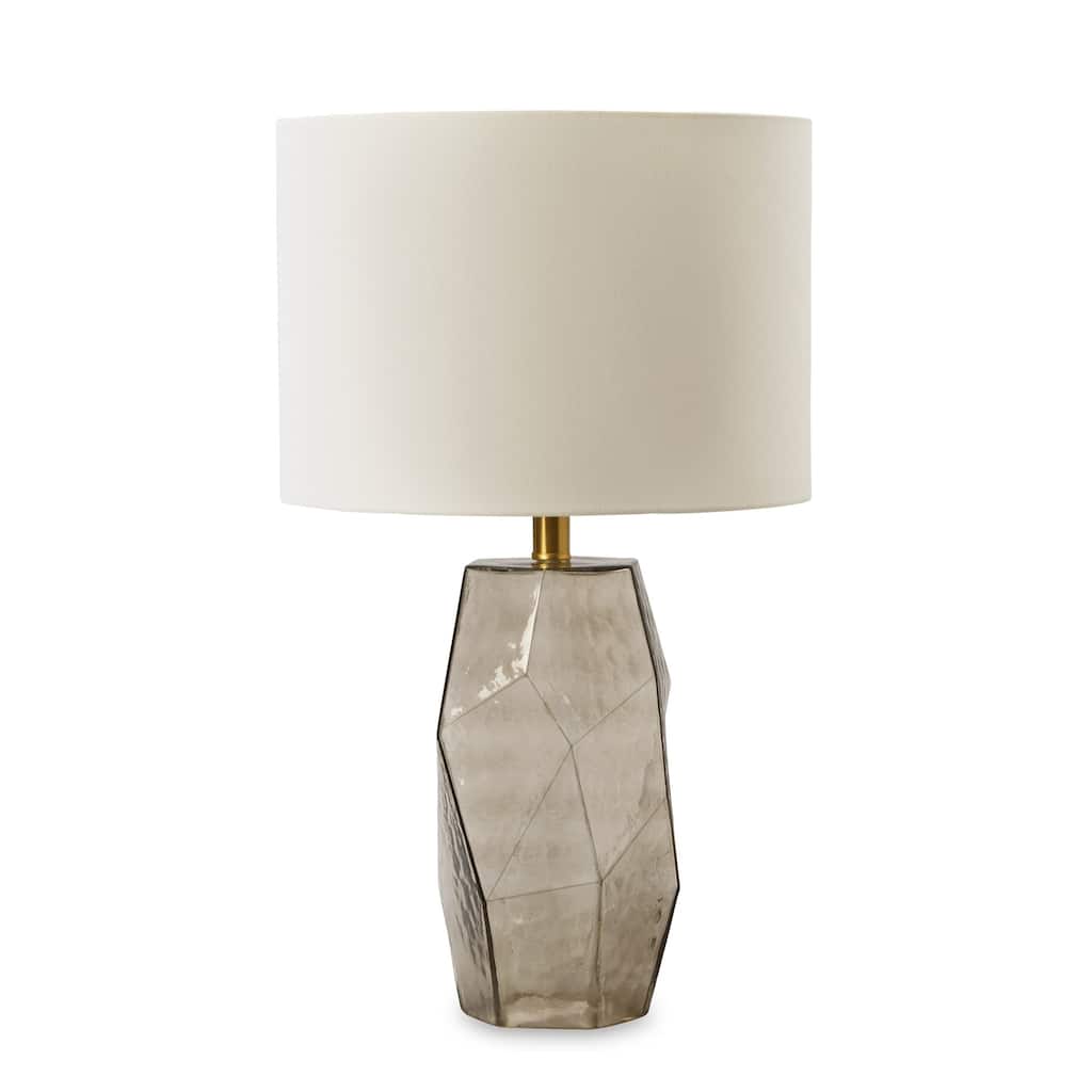 24 Inch Table Lamp, Hexagonal Textured Glass Base, Drum Shade, Gray