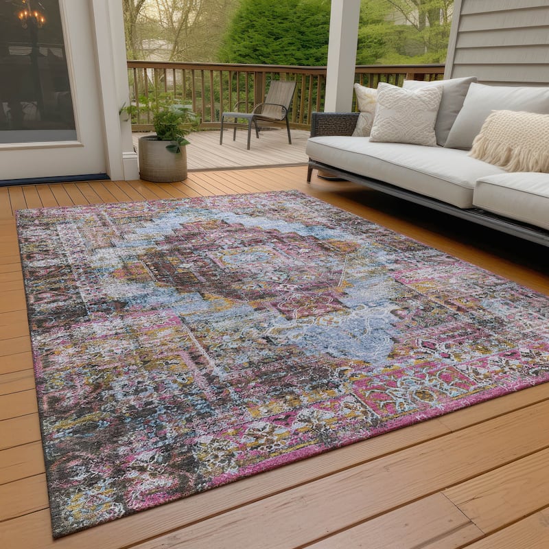 Machine Washable Indoor/Outdoor Boho Traditional Chantille Rug - Pink - 5' x 7'6"