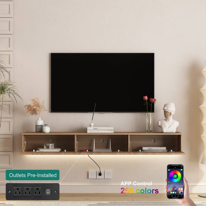 69" Wall Mounted TV for TVs up to 65'', Floating TV Stand with LED Lights & Power Outlet