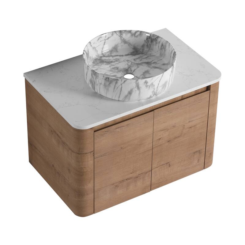 30'' Wall-Mounted Bathroom Vanity With Ceramic Art Sink & 2-Soft-Close Door, KD-Packing, Plywood
