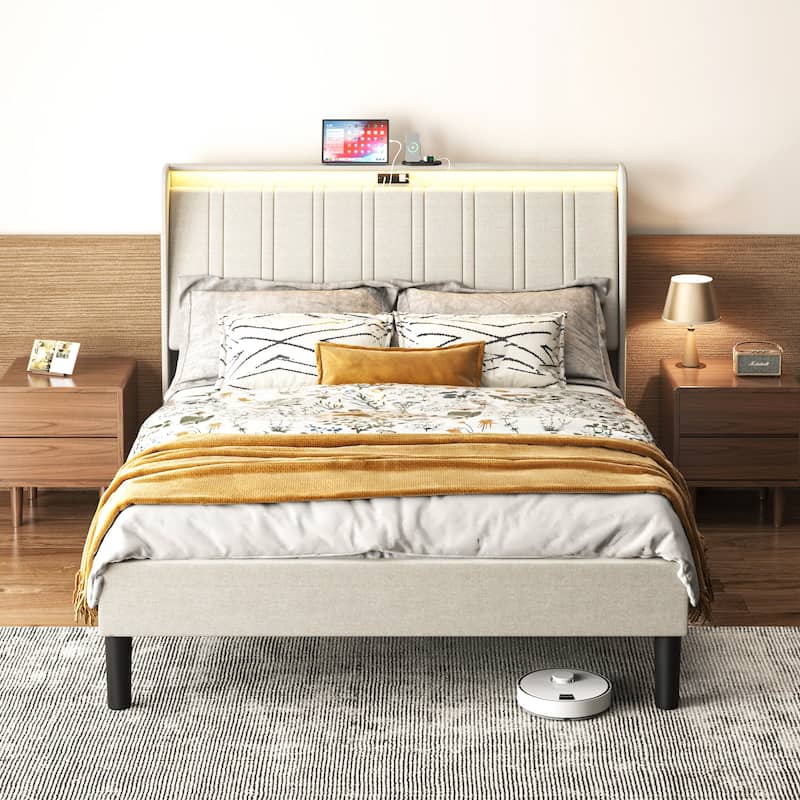 Full Size Platform Bed Frame with Padded Upholstered Headboard, 2 USB Ports, 2 AC Outlets