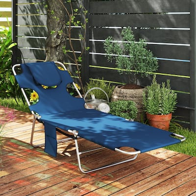 Adjustable Folding Lounge Chair with Face Cavity Arm Slots Pillow and Side Pocket Portable Oxford Fabric Recliner