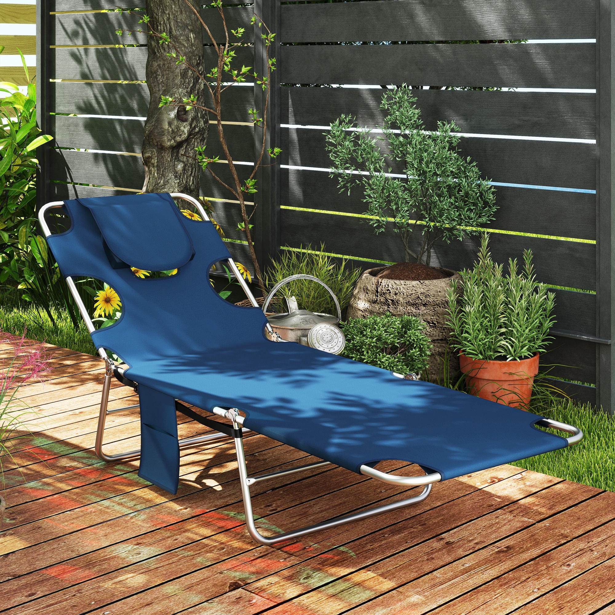Outsunny Folding Beach Lounge Chair with Face Hole and Arm Slots, 5-level Adjustable Sun Lounger Tanning Chair with Pillow