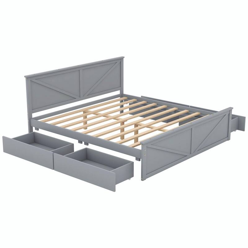 Wooden Platform Bed with Four Storage Drawers and Support Legs