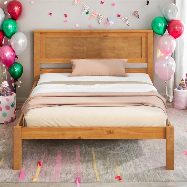 slide 2 of 8, Twin Platform Kids Bed Frame with Headboard, Durable Wood Slat Support, No Box Spring Needed, Easy to Assemble, Espresso Oak