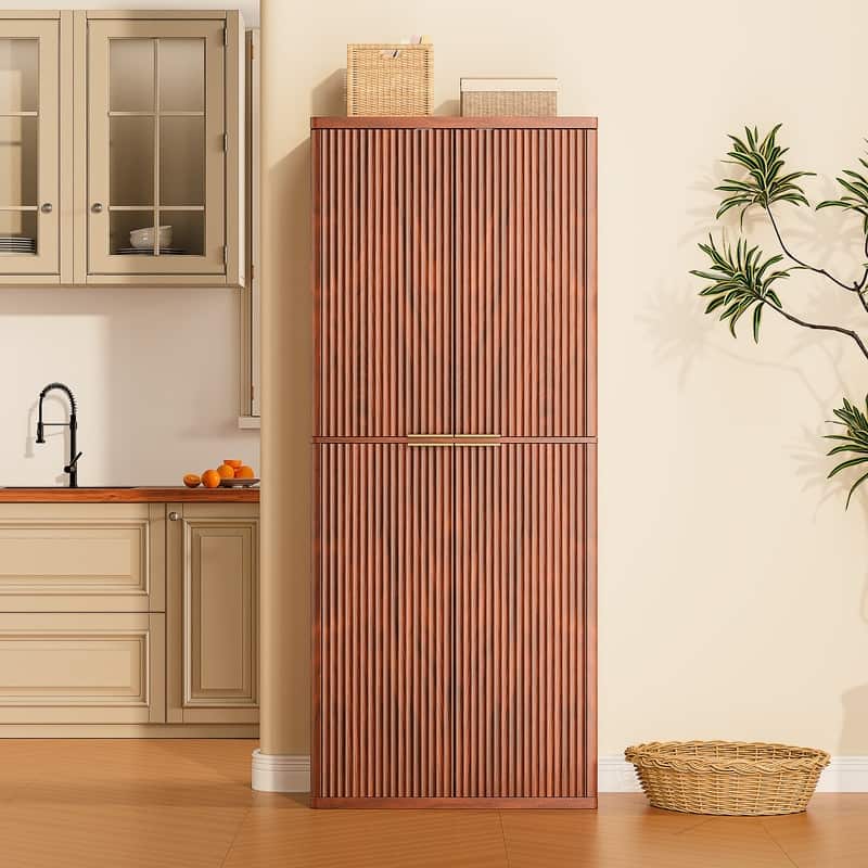 Modern 72"H Fluted Wood Kitchen Pantry Cabinet with 6 Shelves for Versatile Storage Solutions - Walnut
