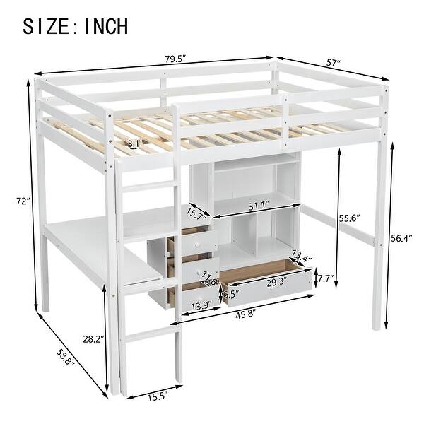 White Full Size Wood Loft Wood Bed with Desk, Storage shelves and Drawers, Built-in Ladder, High Loft Bed with Desk, Guardrails