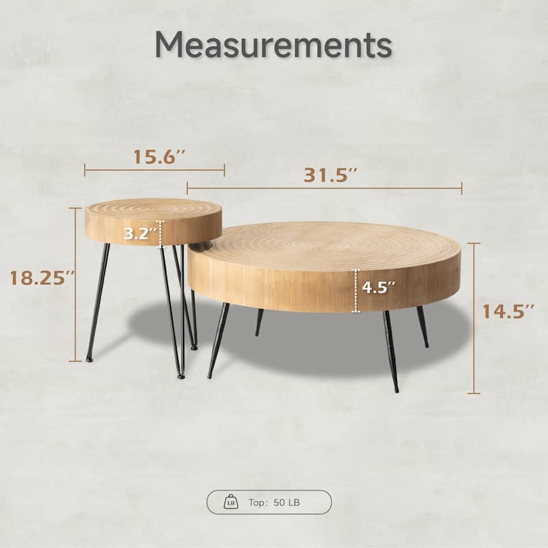 COZAYH 2-Piece Farmhouse Living Room Coffee Table Set, Nesting Coffee Table Round Natural Wood Finish