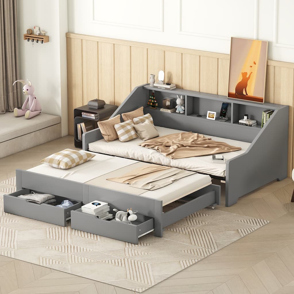 Convertible Twin to King Daybed with Storage, USB Charging, and Drawers, Gray