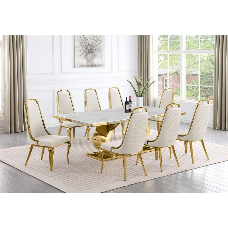 Best Quality Furniture D432/3-SC310-7 Dining Set with 87" White Marble Top