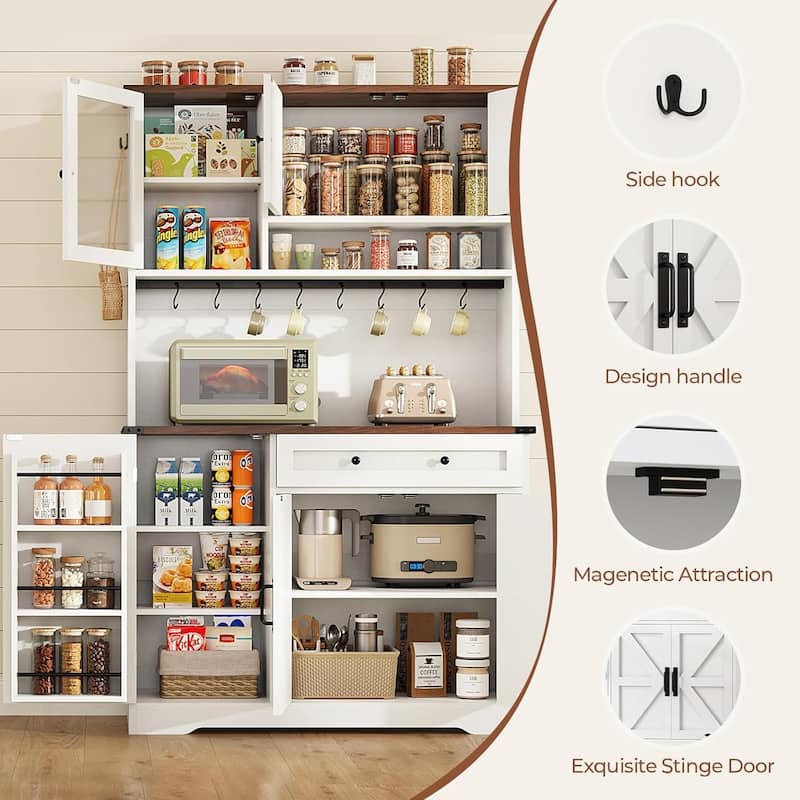Farmhouse Kitchen Pantry Cabinet Drawer & Doors Adjustable Shelf
