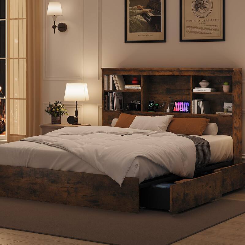 Full/Queen Bed Frame with Tall Bookcase Headboard & 4 Storage Drawers - Platform Bed with Charging Station