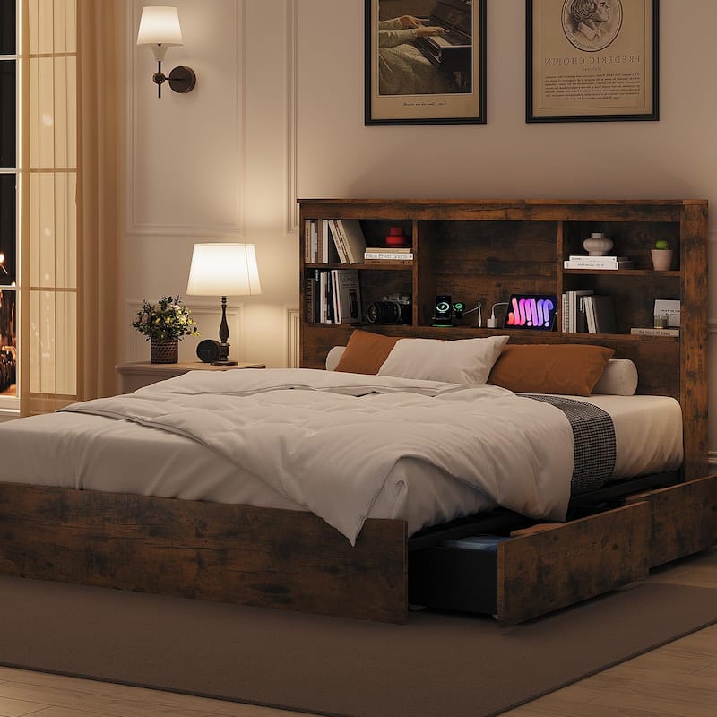 King Size Bed Frame with High Storage Bookcase Headboard, Wood Bed Frame with 4 Storage Drawers