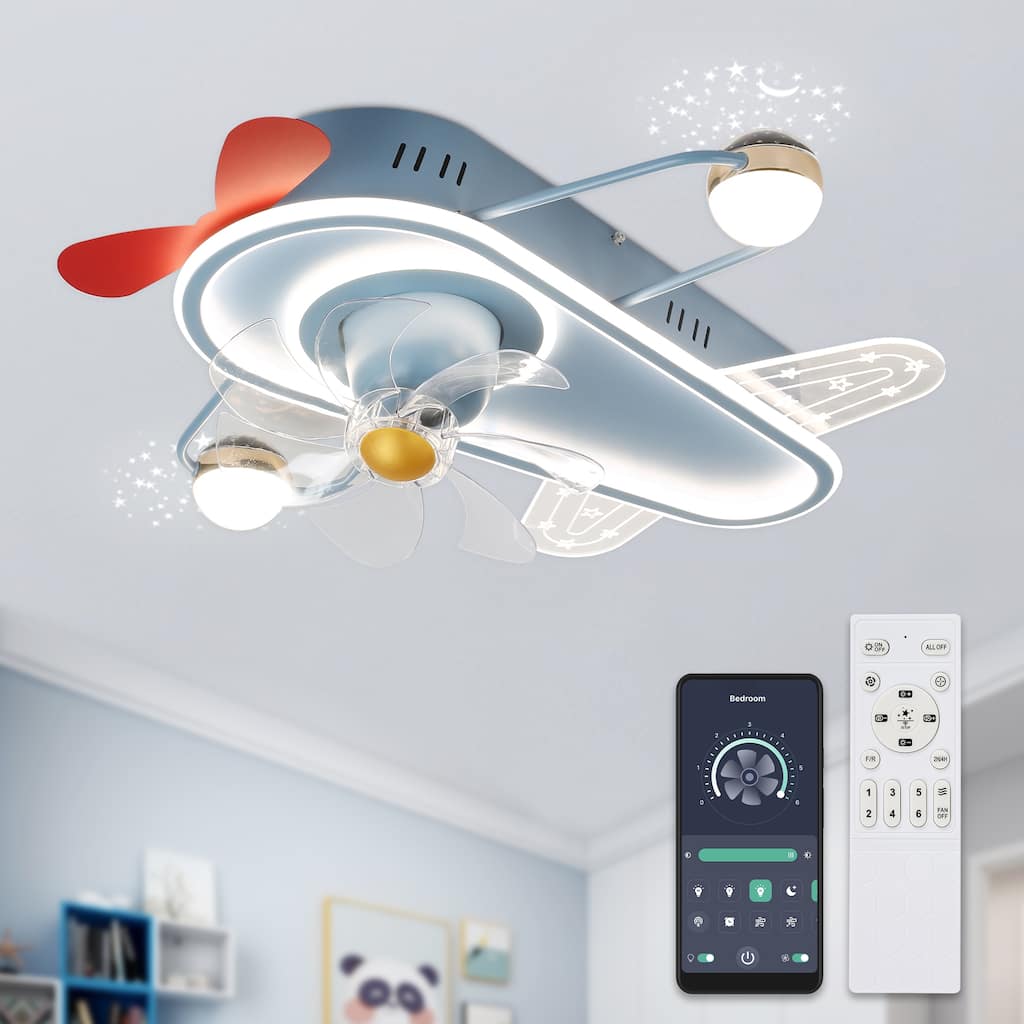 25" Flush Mount Ceiling Fan with LED Light Kit, Aircraft-Shaped Children Ceiling Fan Remote Control and Phone App Monitoring