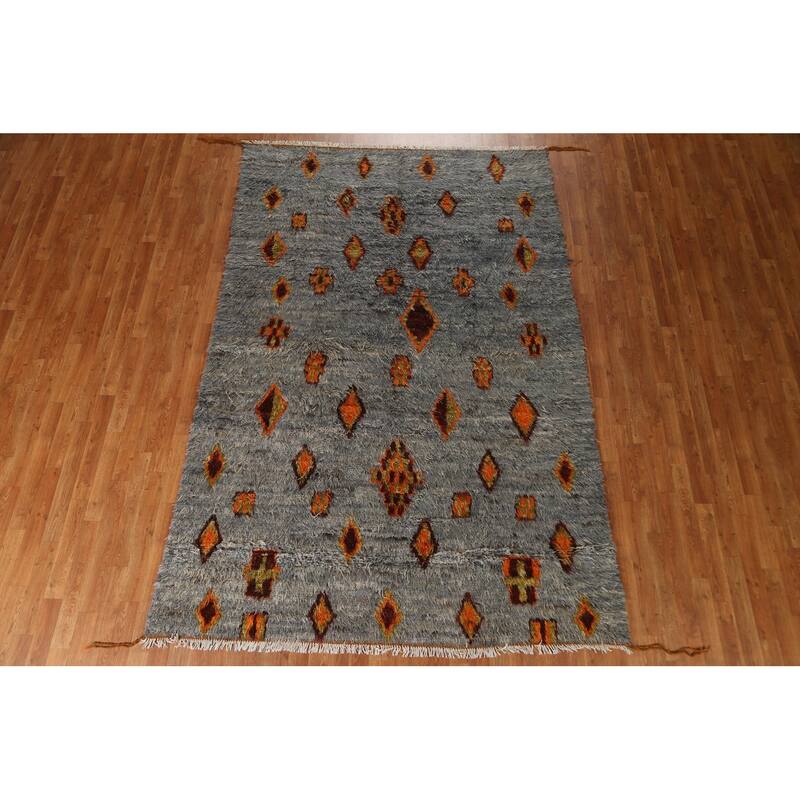 Hand Knotted Oriental 100% Wool Carpet Modern Tribal Navy Blue & Blues Moroccan Area Rug - 9' 9'' X 6' 4''