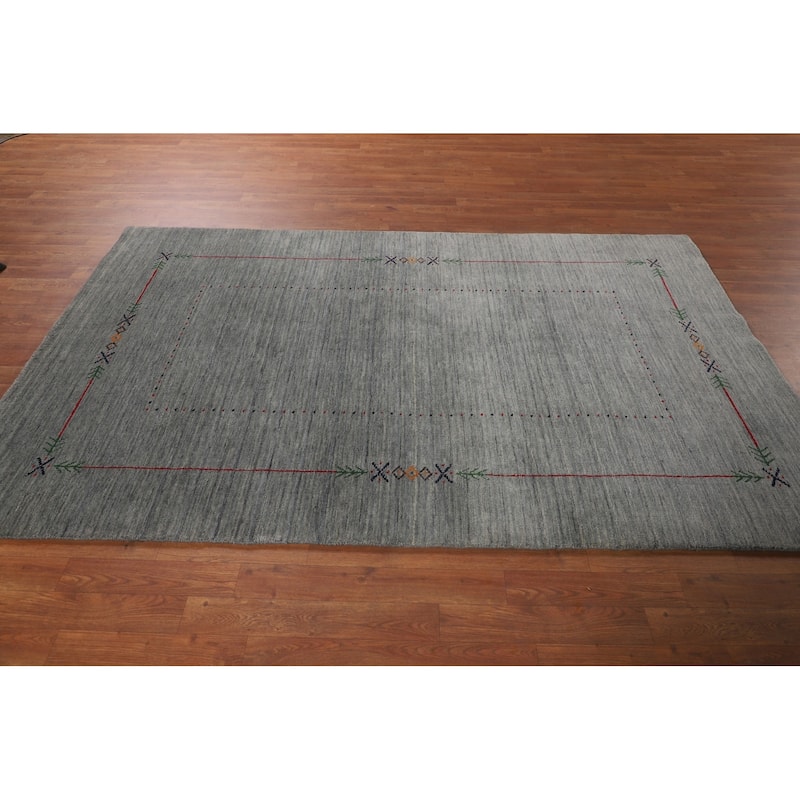 Gray & Green Striped Gabbeh Indian Area Rug Hand-Knotted Wool Carpet - 4'11"x 7'10"