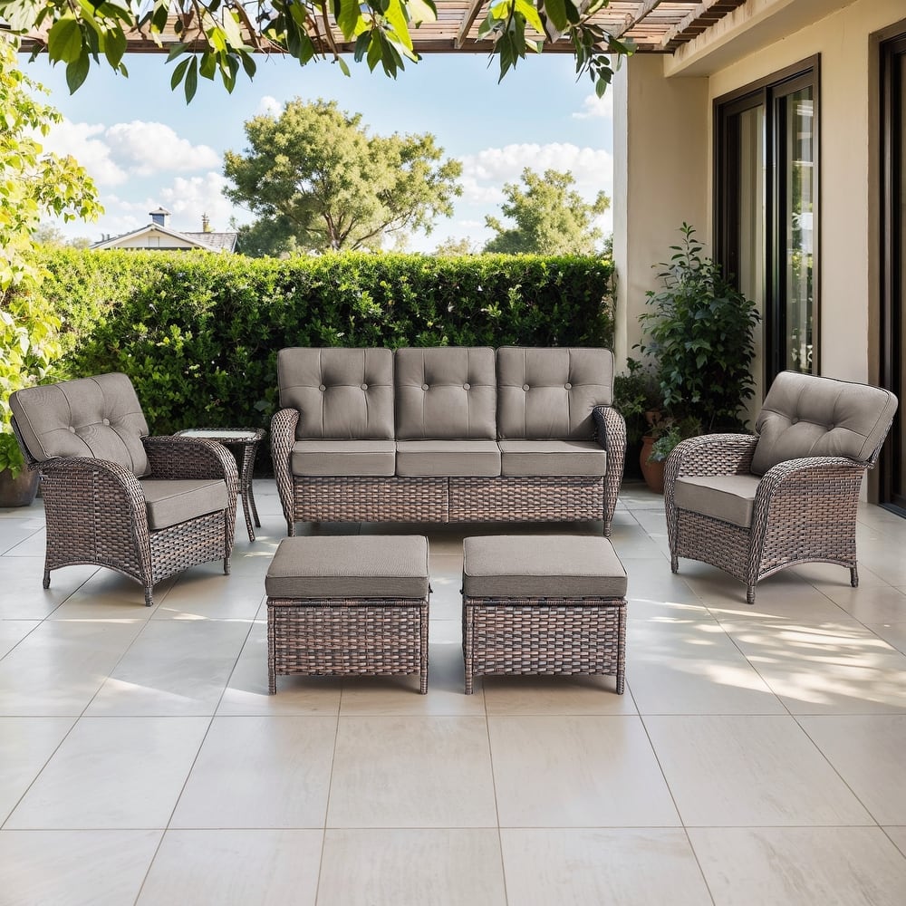 Gymojoy 6-Piece Outdoor Wicker Patio Furniture Set, 5" Thick Cushioned Rattan Conversation Set