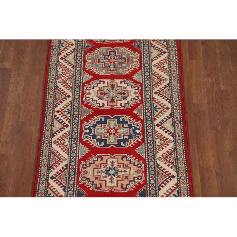 Red Geometric Kazak Oriental Runner Rug Hand-Knotted Foyer Wool Carpet - 2'9" x 10'9"