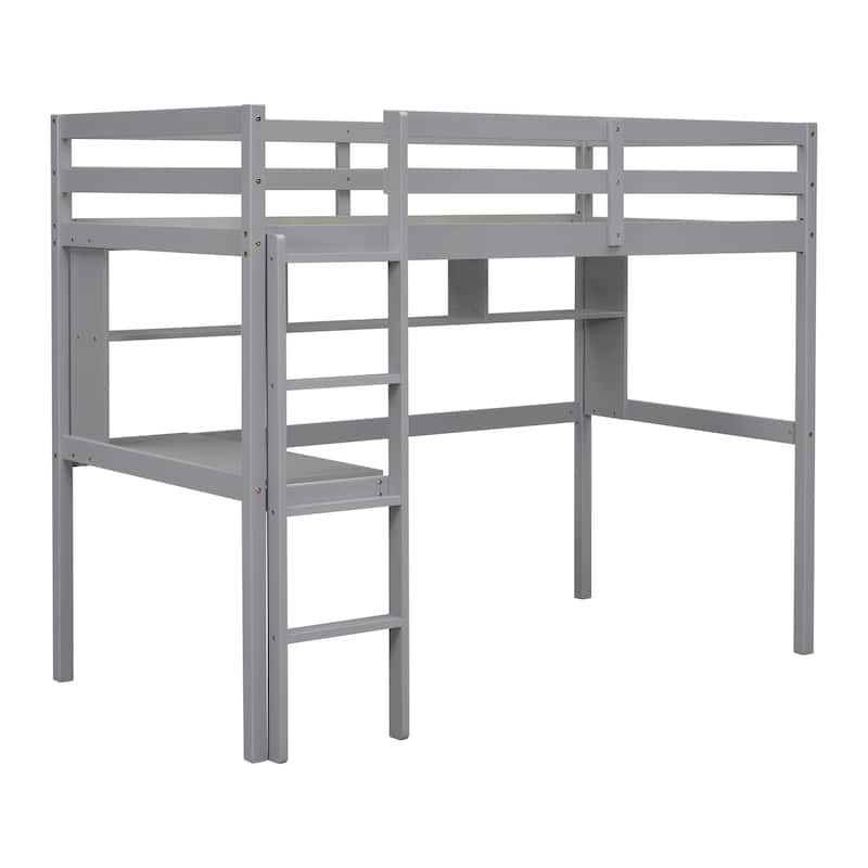 Grey Twin Size Wood Loft Bed with desk and shelves, Safety Guardrail and ladder