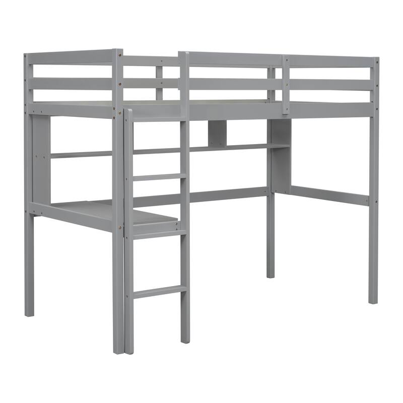 Wooden Twin Loft Bed with Study Desk and Storage Shelves, Safety Guardrail and Ladder