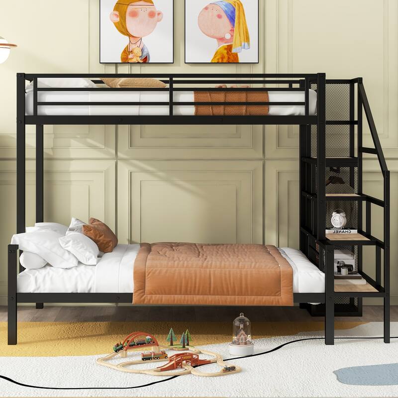Twin Over Full Metal Bunk Bed with Storage Staircase & Wardrobe - 400LB Capacity