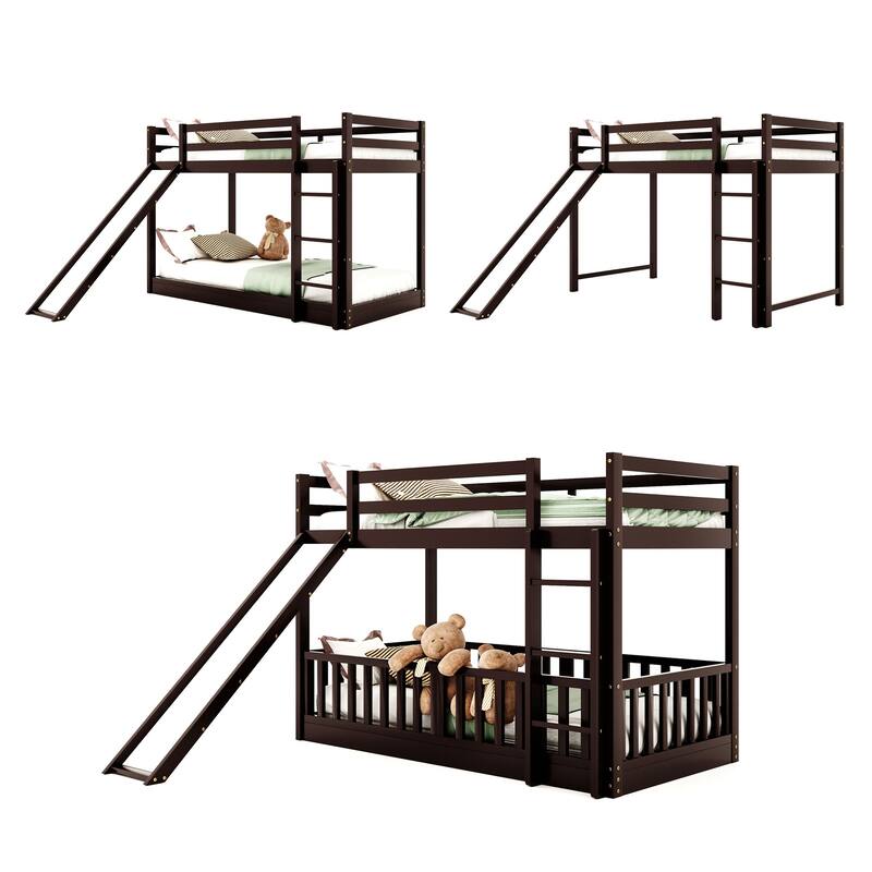 Solid Wood Twin Over Twin Size Low Bunk Bed with Slide and Ladder