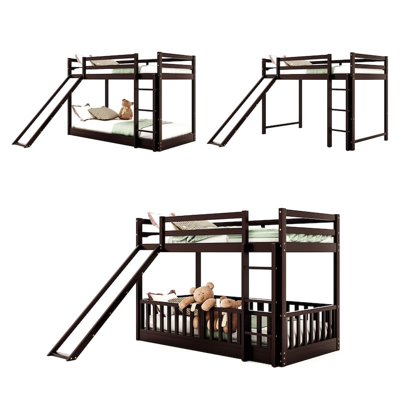 Twin Over Twin Bunk Bed with Slide and Ladder, Espresso