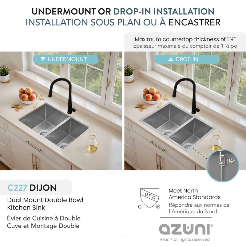 AZUNI 27 inches L x 18 inches W Double Bowl 60/40 Dual Mount 16G Reversible Kitchen Sink with Grids and Basket Strainers