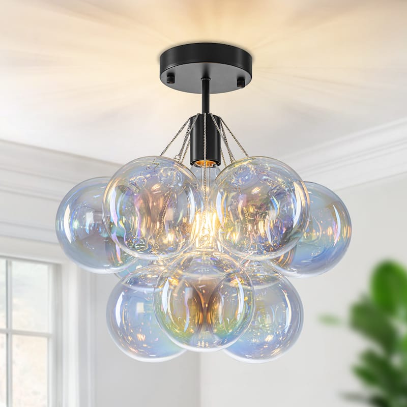 Starsky 1-Light 14in. Contemporary Glass Bubble Semi Flush Mount - Colorful Bubble - Black