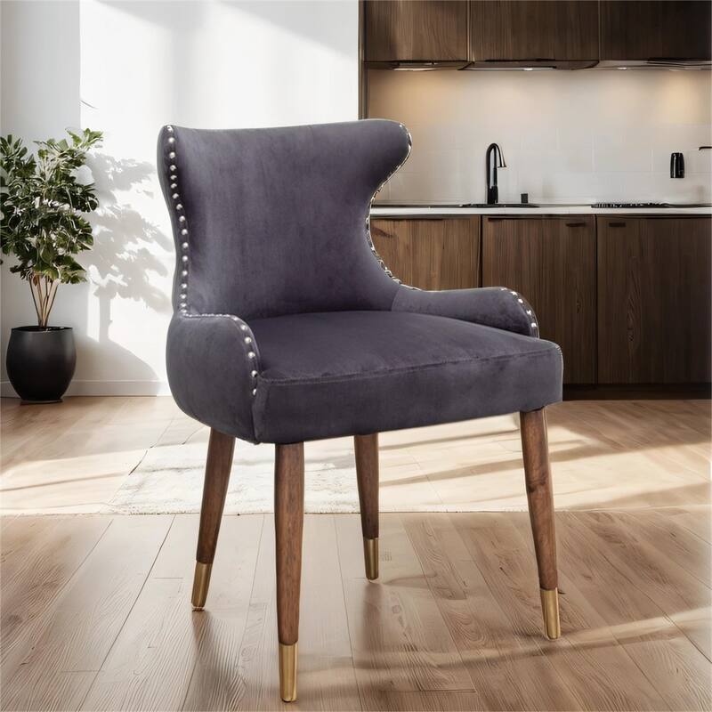 Upholstered Nailhead Trim Accent Chair with Curved Back and Wood Legs - Gray