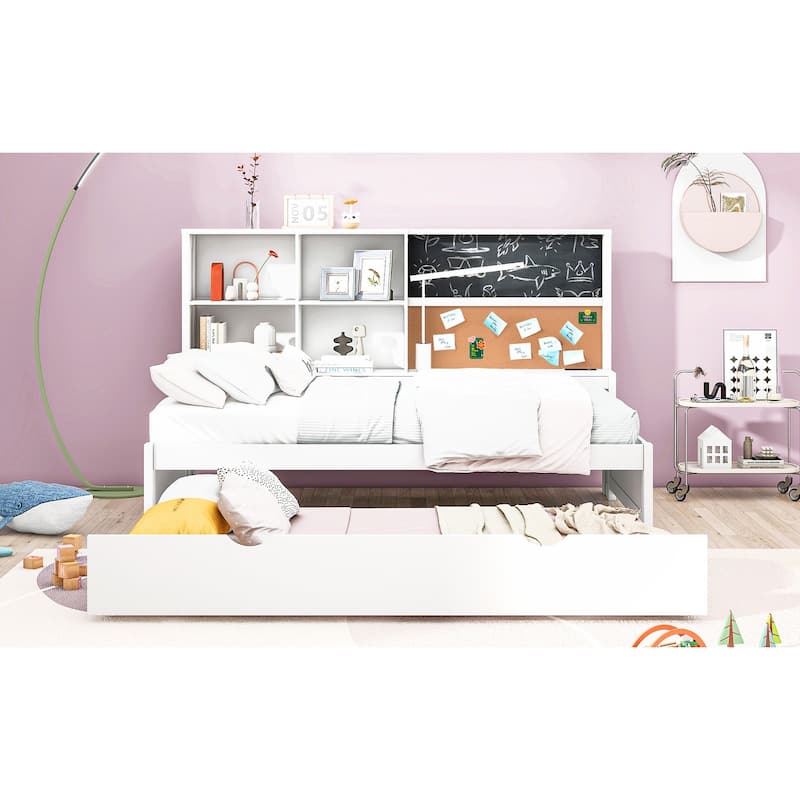 Twin Size Daybed with USB Ports and Twin Size Trundle - White