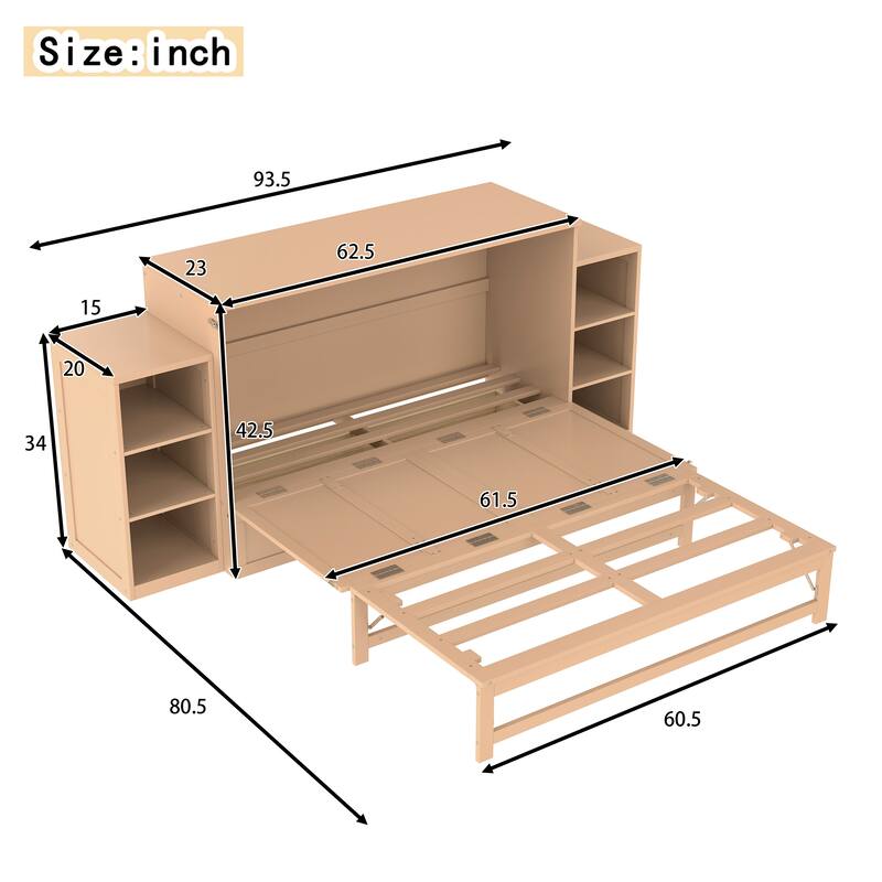 Roomfitters Murphy Bed with Storage Drawers and Shelves, Solid Wood Wall Bed Cabinet