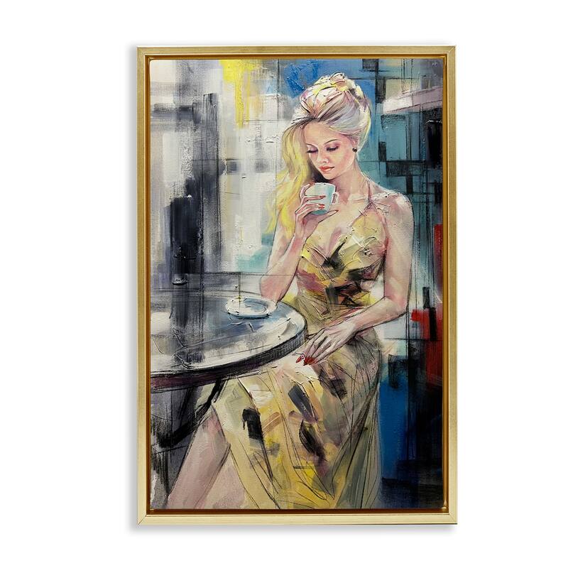 Stupell Elegant Woman at Cafe Framed Floater Canvas Wall Art Design By Lucille Lee - 17 x 25 - Gold