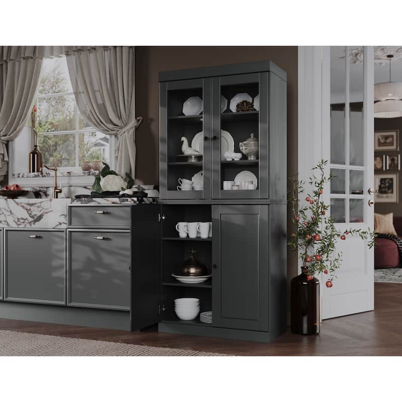 Palace Imports 100% Solid Wood Pantry Cabinet with Frosted, Clear Glass or Solid Doors and Adjustable Shelves - Gray - Clear Glass-Solid