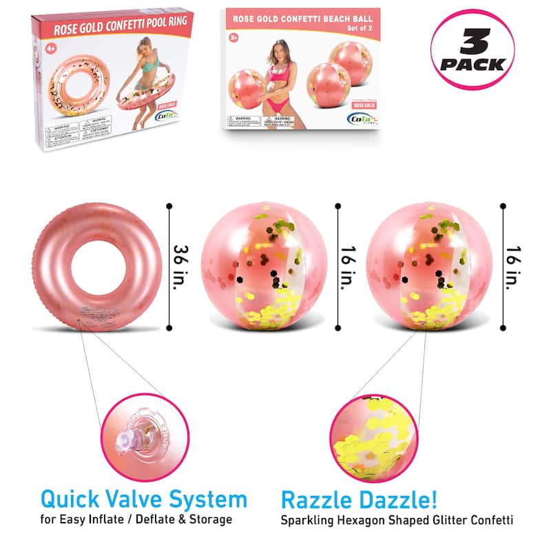 Mozlly Bundle of Inflatable Rose Gold Pool Float Tube And Beach Balls - ‎37 x 37 x 9.5 inches