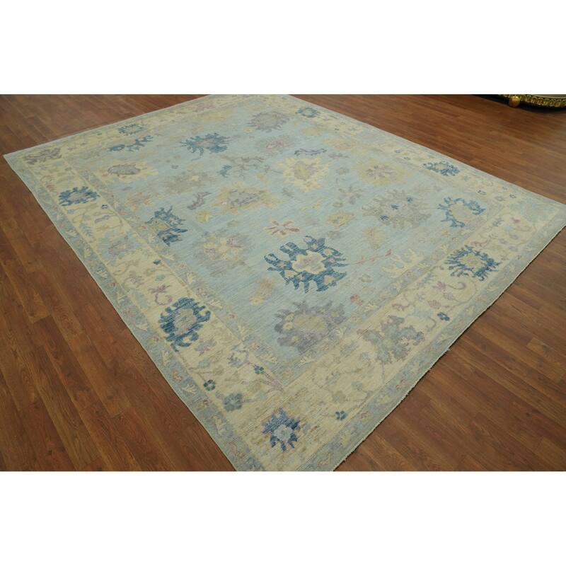 Handmade Blue Oushak Vegetable Dye Area Rug, Floral Geometric Carpet - 10' 3'' X 7' 11''