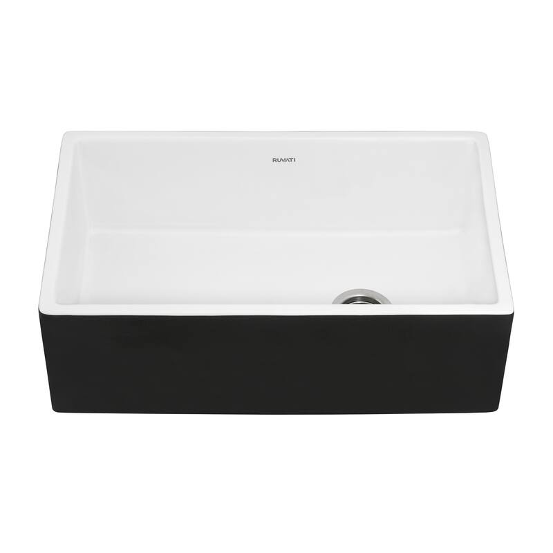Ruvati 30-inch Fireclay Farmhouse Offset Drain Kitchen Sink Single Bowl Black and White Dual Color RVL4018RBW - 8' x 11'