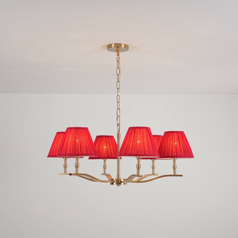 31.5" W Mid-Century Traditional Brass Finish Dimmbale Chandelier with Red Pleated Fabric Shades for Living & Dining Room