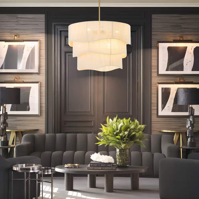 6-Light Modern Boho Large Drum Chandelier 3-Tiered Farmhouse Handwoven Ivory Rope Fabric Chandelier