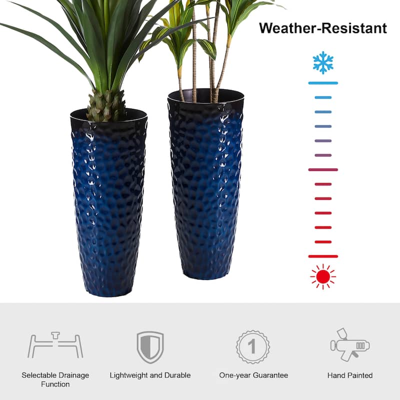 Glitzhome 31" H Oversized Tall Planter Honeycomb Textured Gradient Cobalt Blue Garden Plant Pots with Drainage Holes (Set of 2)