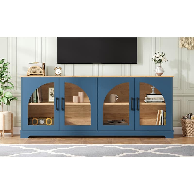 Farmhouse TV Stand with Semi-Arched Glass Doors for TVs Up to 70",Adjustable Shelves,Wood Grain Sideboard with Cable Management