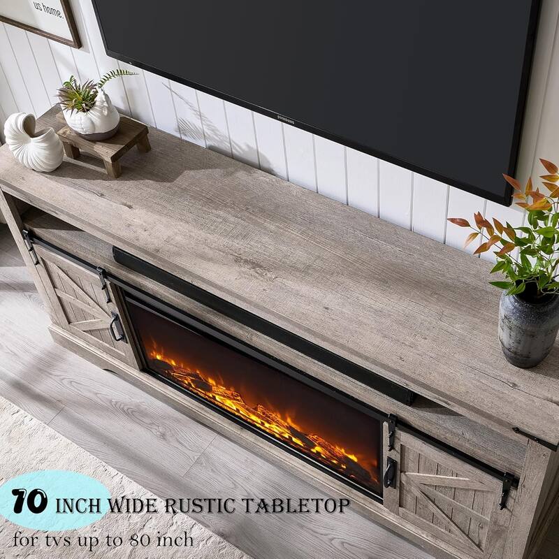 Farmhouse Fireplace TV Stand for 80" TV, Rustic Entertainment Center