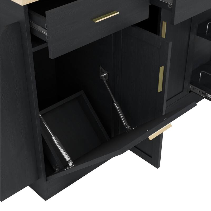 Multi-Functional Storage Sideboard Kitchen Island with Hidden Trash Can and Adjustable Spice Rack