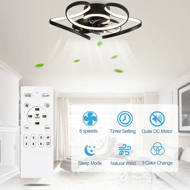 Oaks Aura 22"Futuristic Black Modern Flush Mount Ceiling Fan with Light, Low Profile 6-Speed Smart APP Ceiling Fan With Remote